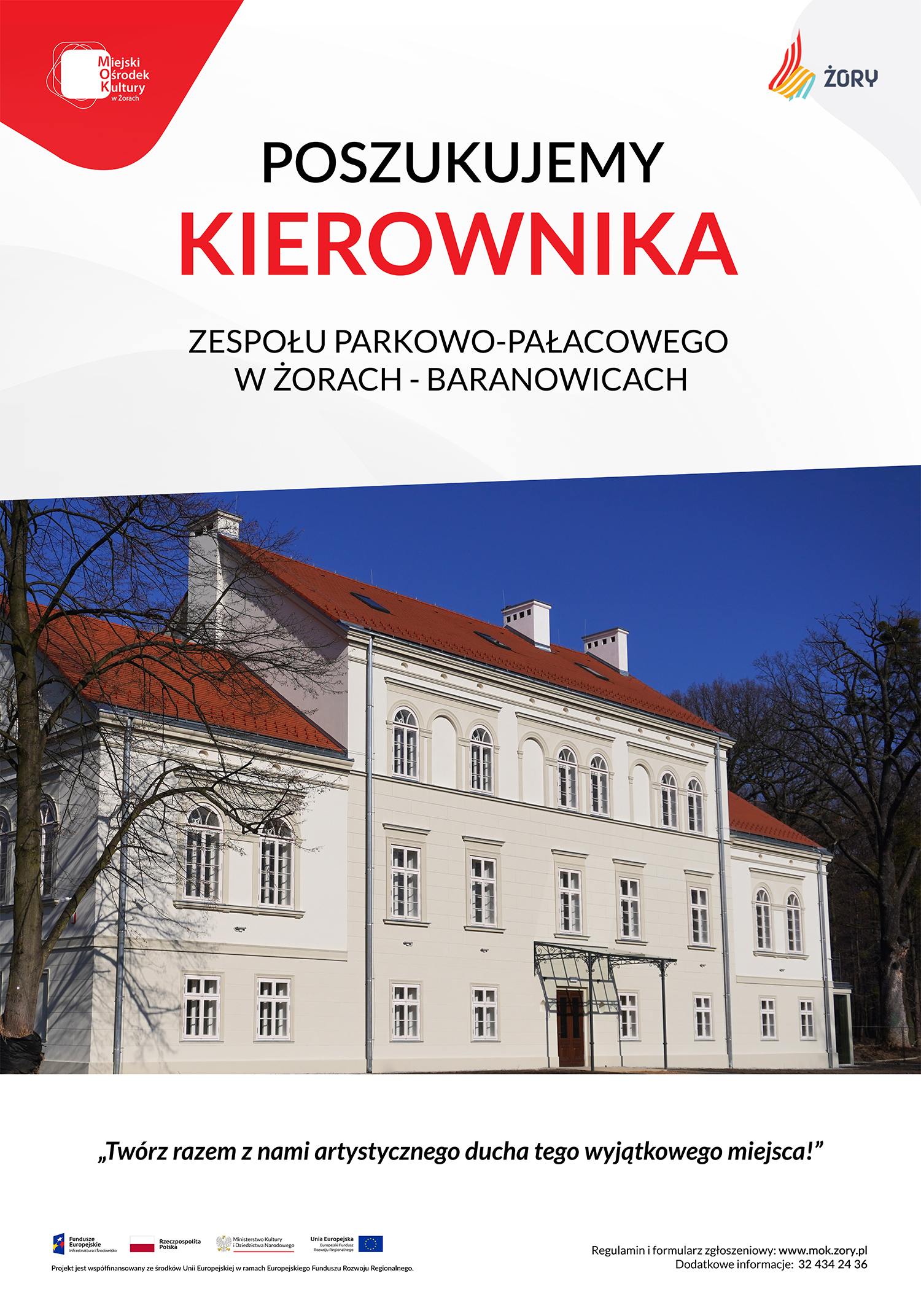 zdjęcie odrestaurowanego pałacu na tle błękitnego nieba, loga organizatorów oraz unijne