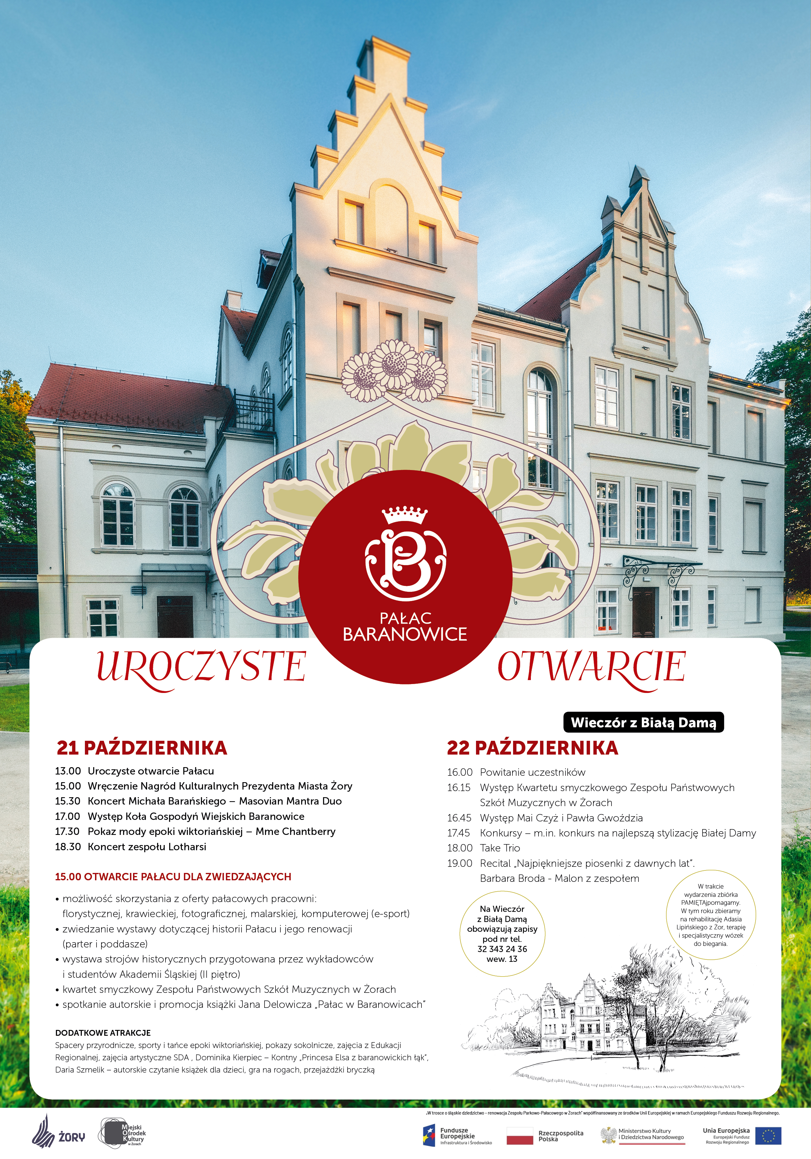 Plakat z wizerunkiem Pałacu w Baranowicach, logo Pałacu oraz programem otwarcia tej placówki w dniach 21 i 22 października 2023 r.